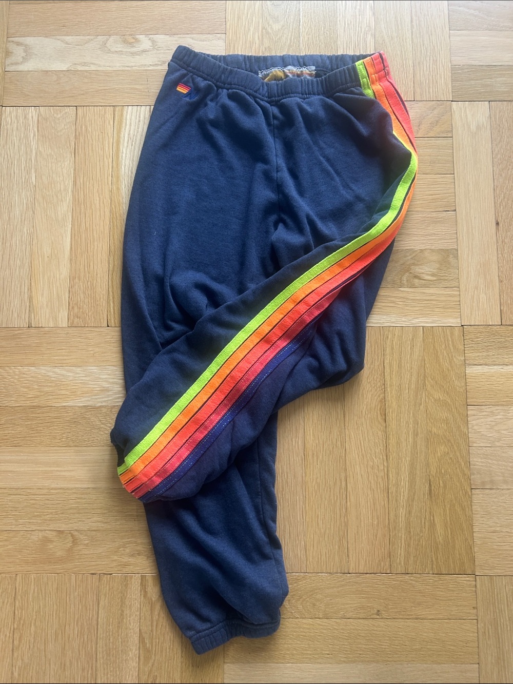 Aviator Nation Navy sweatpants with Neon Rainbow Side Stripes